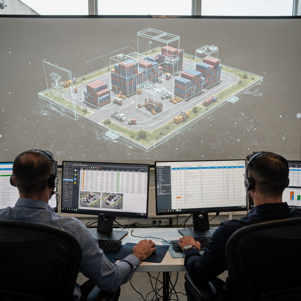 A control room with operators viewing multiple real-time dashboards, scheduling screens, and a holographic yard model projection, with natural light