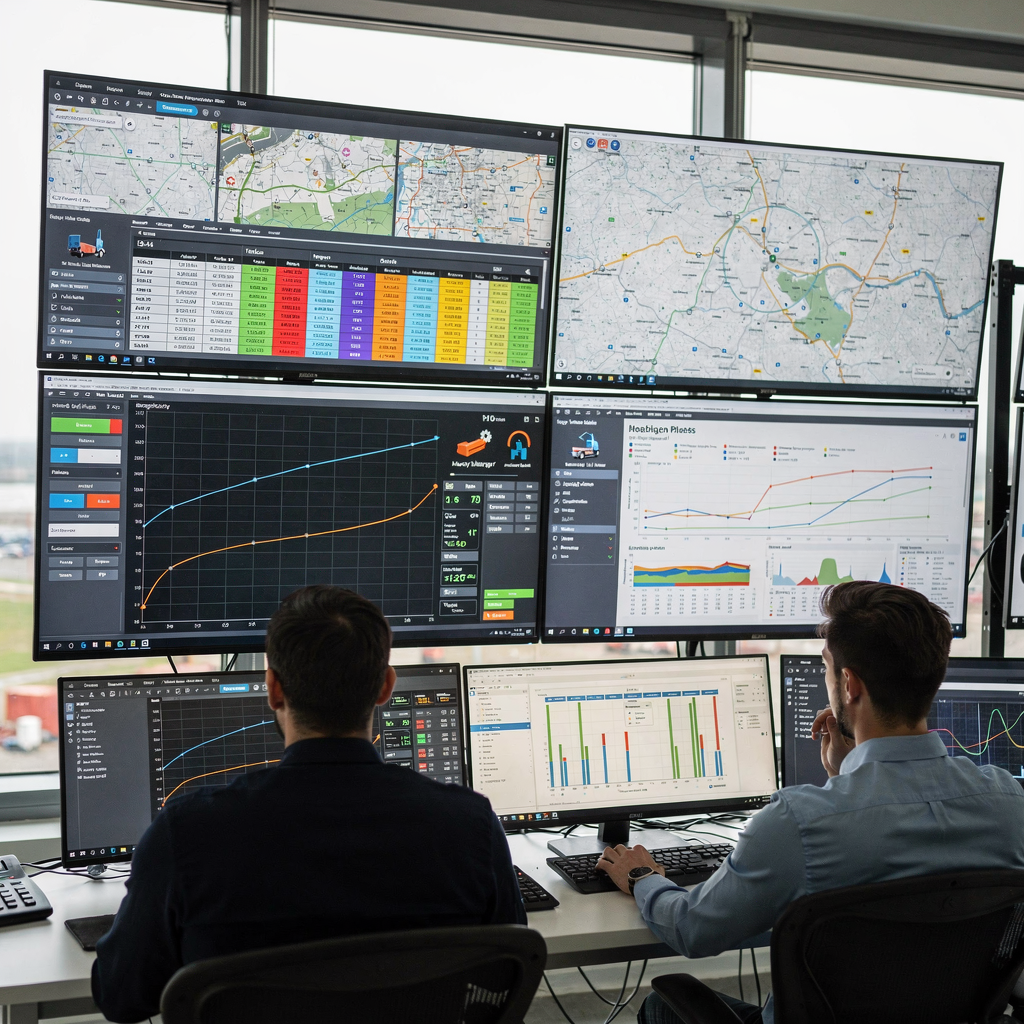 Interior view of a modern control room showing operators monitoring terminal dashboards with real-time scheduling maps, energy graphs, and equipment status