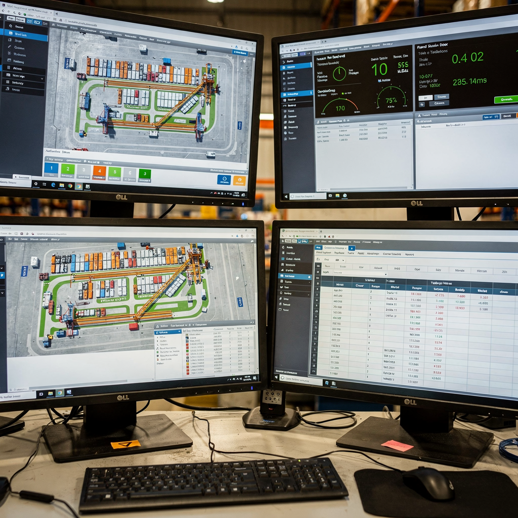 Detailed close-up of a terminal control room showing multiple screens with yard layout, crane telemetry, and scheduling dashboards, no text