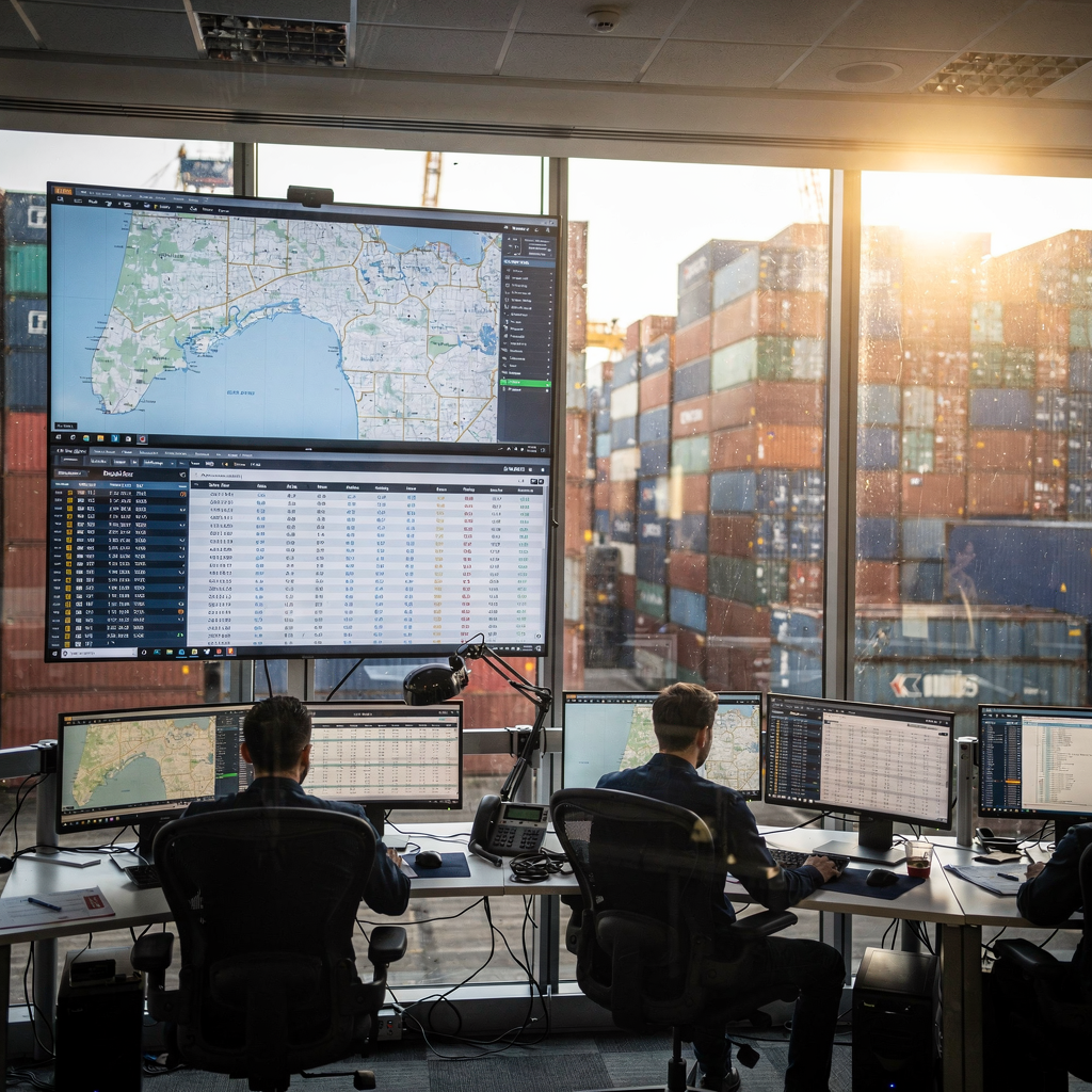 Terminal control room with screens and operators A modern container terminal control room with large screens showing maps, vessel schedules, and yard status. The room has operators working at desks with multiple monitors, and sunlight from windows highlights stacked containers outside.
