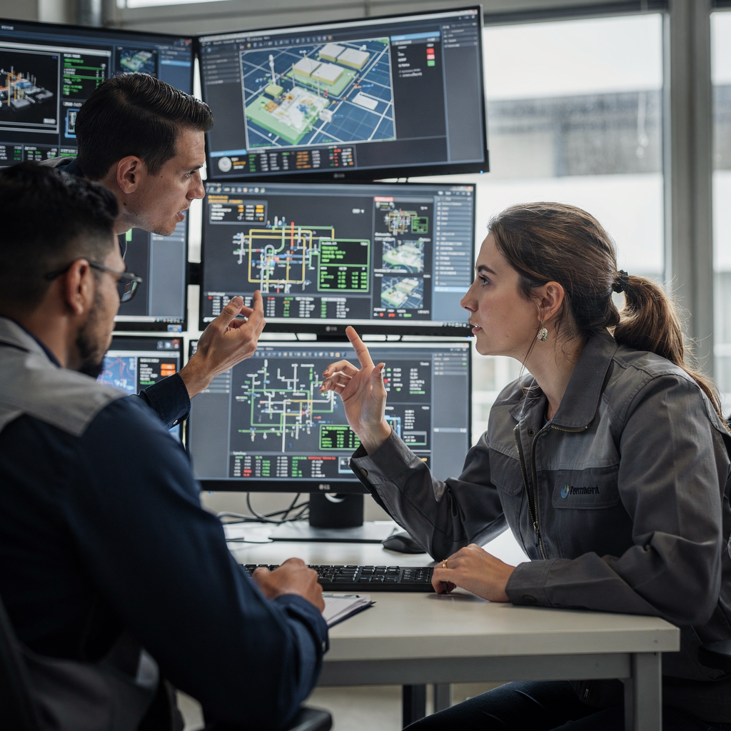 A close-up of a control room with multiple screens showing terminal maps and status, operators collaborating, realistic style without text
