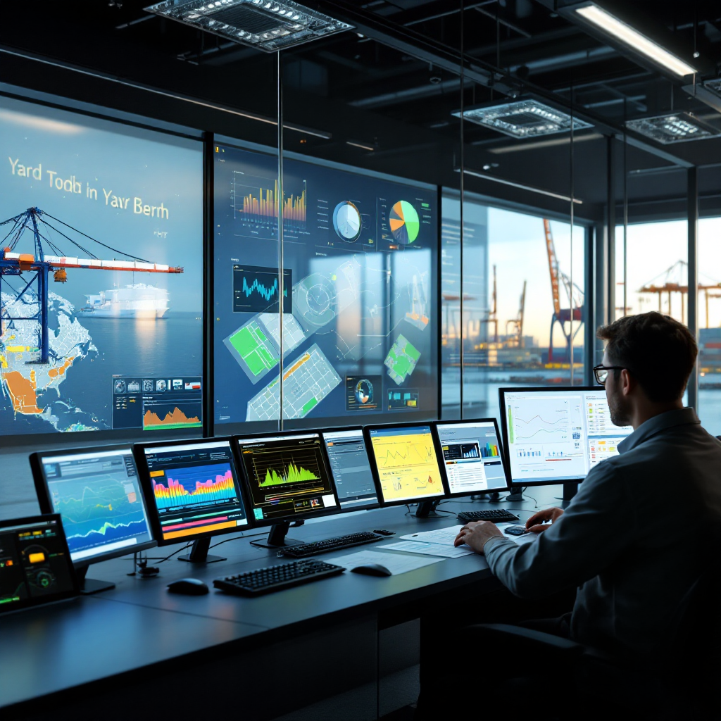 A modern container terminal control room with multiple screens showing berth plans, crane positions, yard maps and dashboards, operators collaborating
