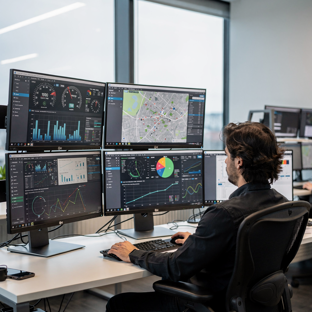 A photo-realistic image of a control room where operators monitor large screens showing simulation dashboards, maps, and charts, modern office lighting, no text