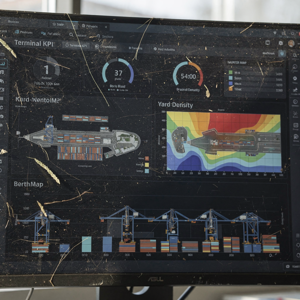 Terminal digital twin dashboard with KPIs Control-room style dashboard showing terminal KPIs, berth map, yard density heatmap, and crane activity visualization, no text in image