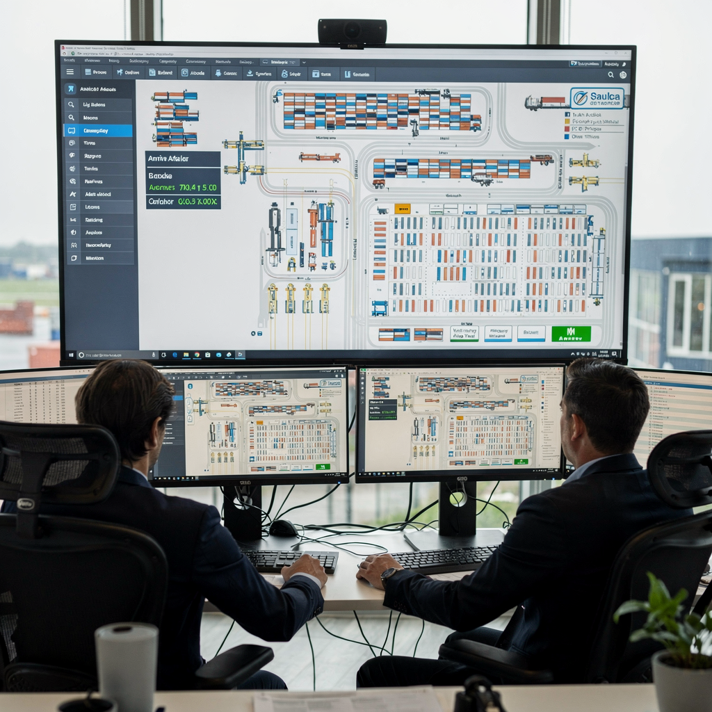 Terminal digital twin monitored in control room A control room view showing operators monitoring a digital twin of a container terminal on large screens with schematic yard layout, train arrivals, and real-time indicators, modern office setting without text