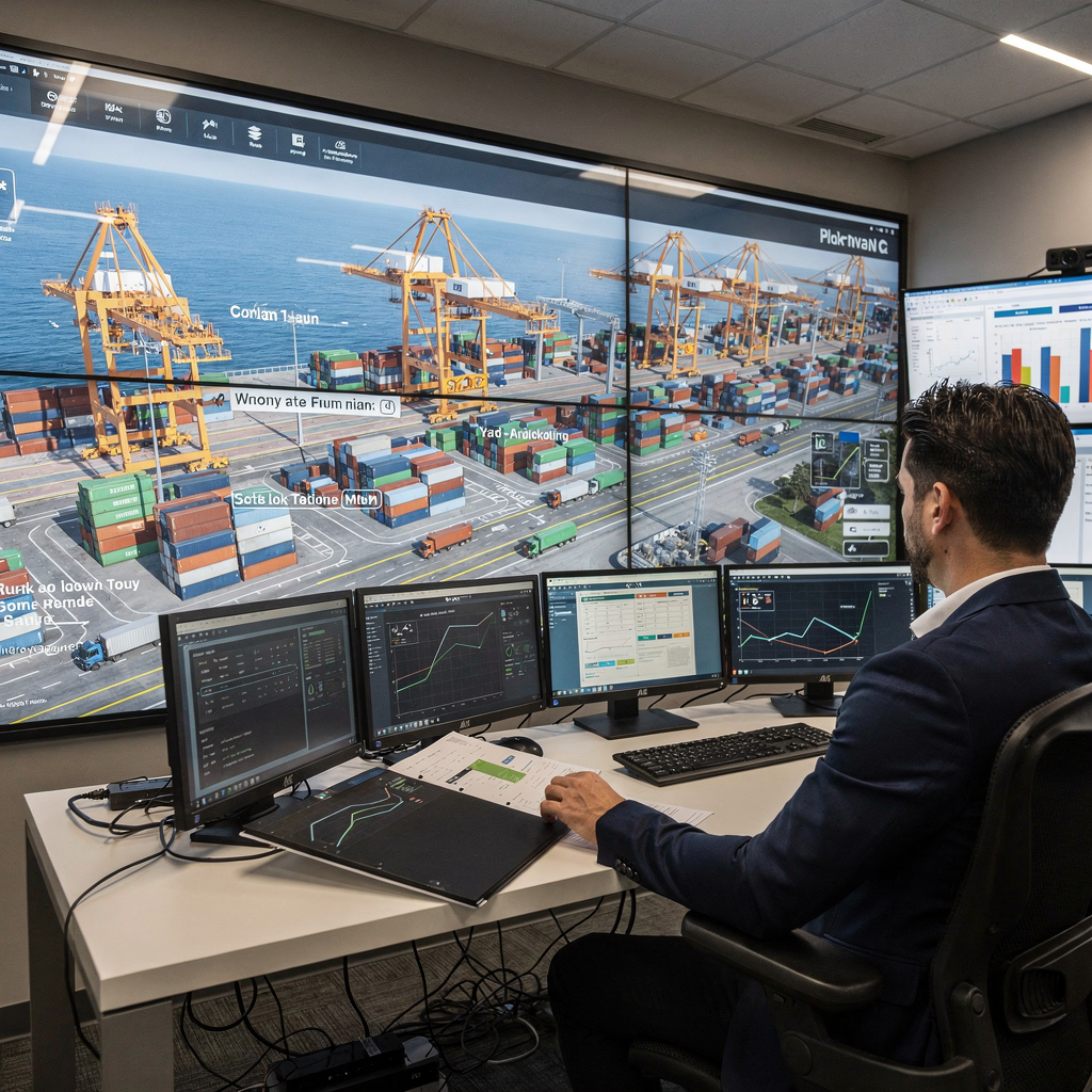 High-level schematic of a terminal digital twin visualization showing quay cranes, yard stacks, truck routes, and data overlays in a modern control room setting, clear colors, no text