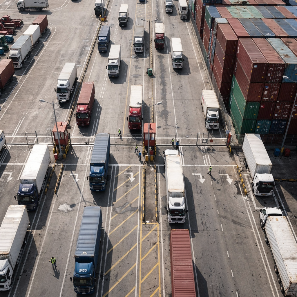 Top-down view of a busy gate and truck appointment area at a container terminal showing lanes, trucks lining up, and staff coordinating operations (no text or numbers)