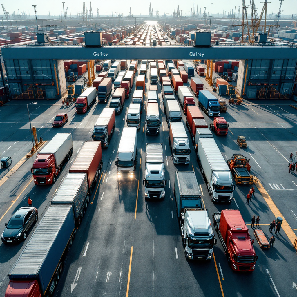 Overhead view of a busy gate area at a container terminal showing trucks lining up in lanes, security booths and personnel directing traffic, clear daylight, no text