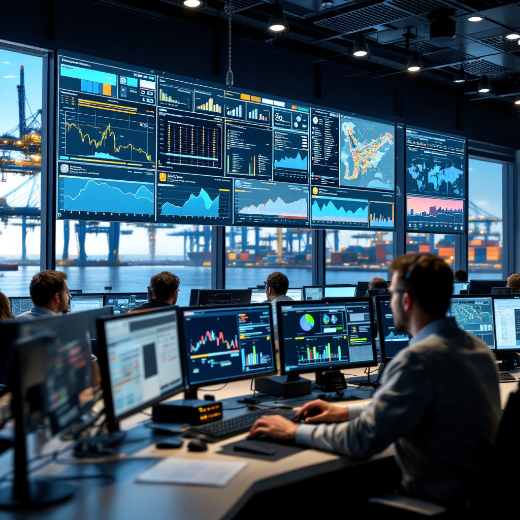 Terminal operations center with digital dashboards Inside a busy terminal operations center showing large digital dashboards with berth schedules, crane assignments and yard occupancy maps, several operators collaborating at computers