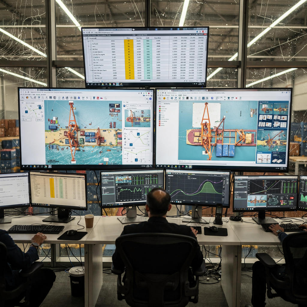 Interior view of a modern terminal operations centre showing screens with berth allocation maps, crane schedules, and simulation dashboards; no text or numbers in image