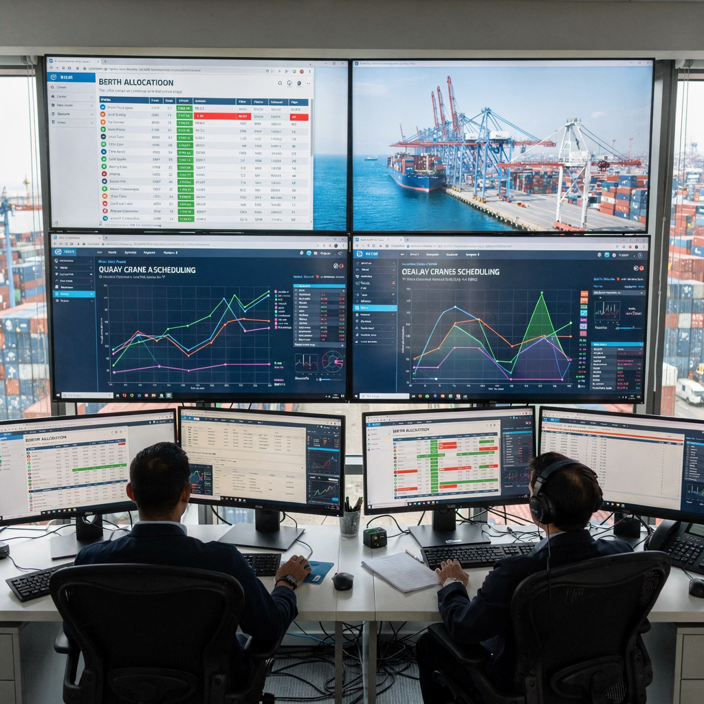 An operations control room showing large screens with berth allocation and quay crane scheduling dashboards, operators monitoring real-time terminal data, and graphical schedule overlays