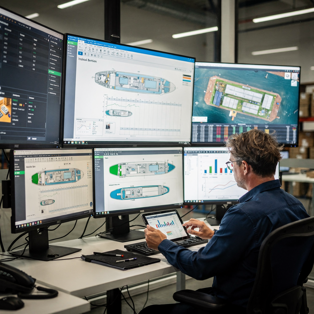 An operations control room with large displays showing berth plans, analytics dashboards, and a planner interacting with a tablet; screens show vessel outlines and yard maps