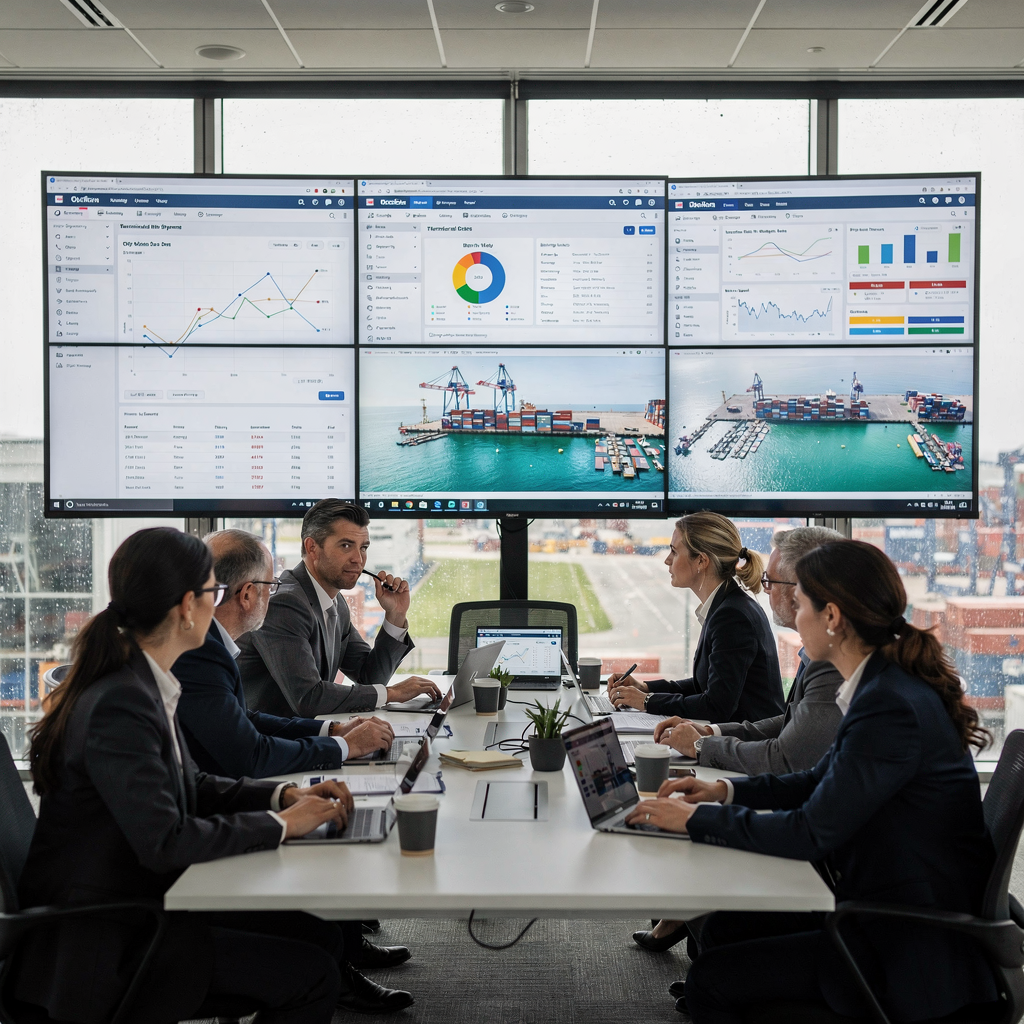 Terminal operations control room with dashboards and KPIs A modern operations control room with large screens showing terminal dashboards, KPIs, berth maps, and staff collaborating around a table, no text or numbers