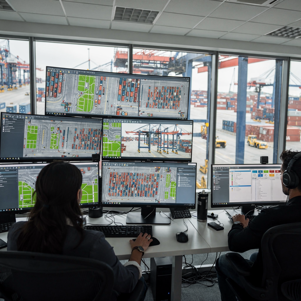 Terminal operations control room with dashboards A modern container terminal control room showing large screens with yard maps, cranes, and software dashboards. No text or numbers in the image, calm lighting, clean aesthetic.