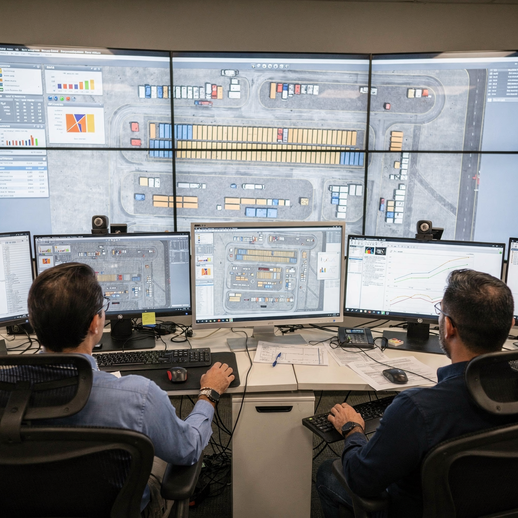Interior view of a terminal operations control room showing operators viewing a digital twin simulation on large screens with charts and a schematic yard layout. No text or numbers in image.
