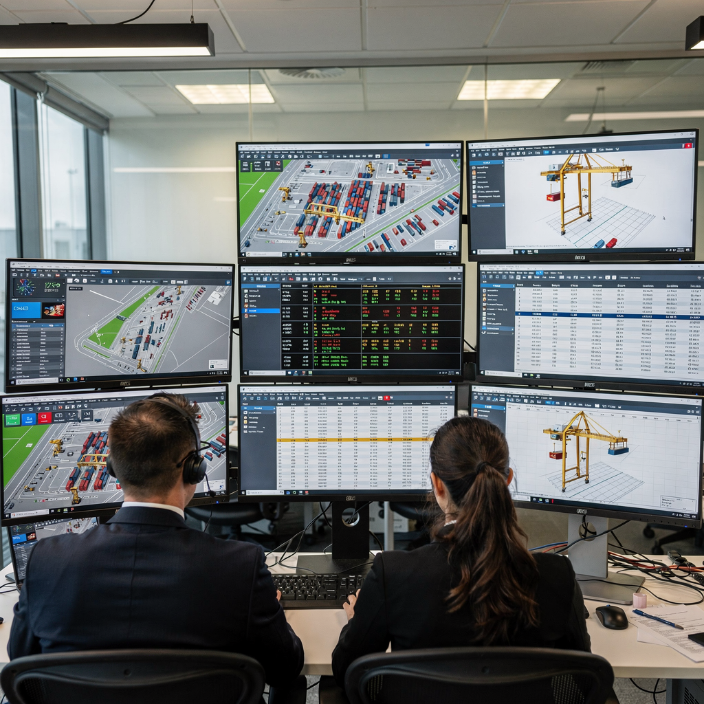 Close-up scene of a yard office operations room with multiple large screens showing live yard maps, container slot occupancy, booking schedules, and crane positions, with operators discussing data, modern office lighting
