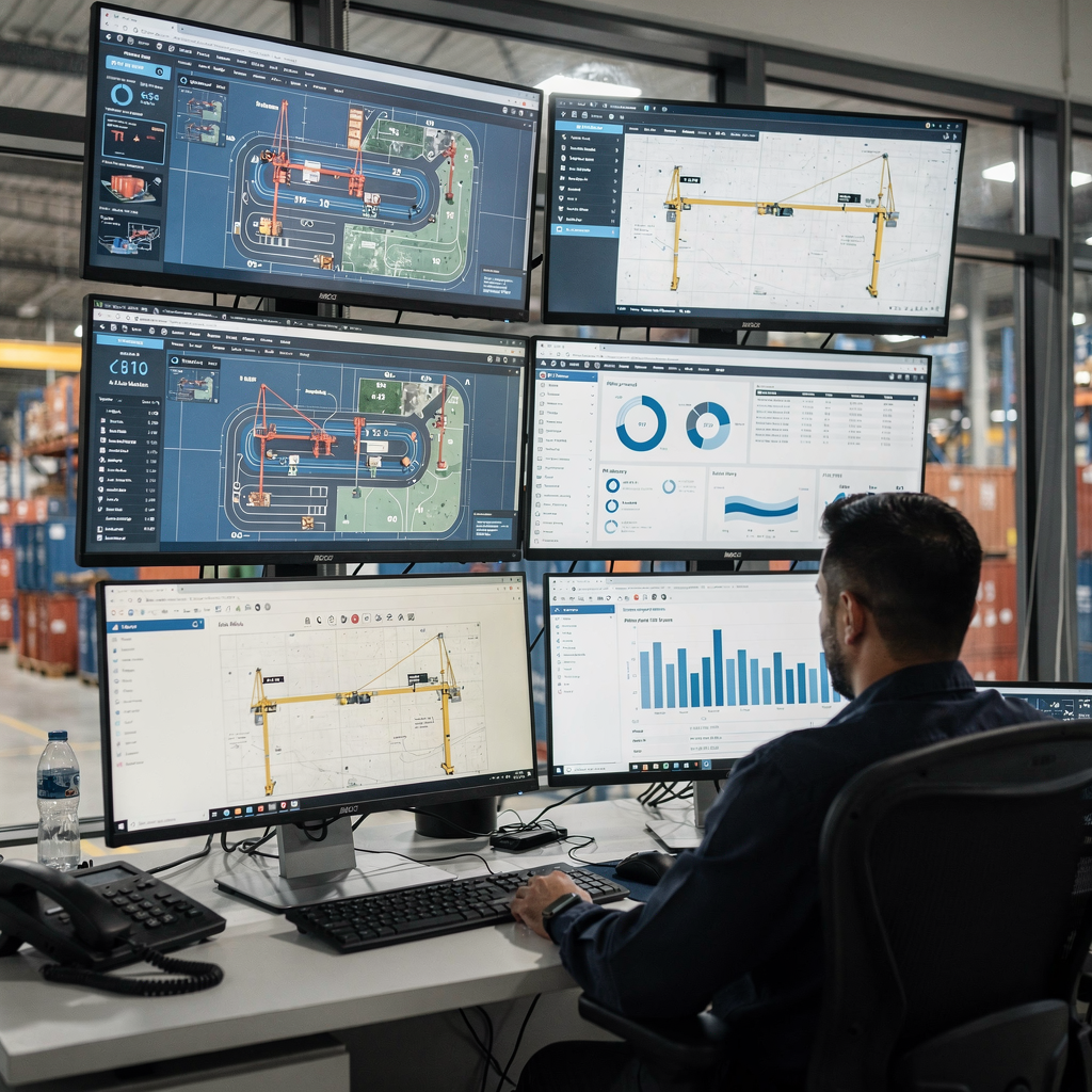Terminal control room with operators looking at multiple screens showing yard maps, crane positions, and KPIs; screens show abstract data and maps but no text; modern clean environment, no people close-ups.