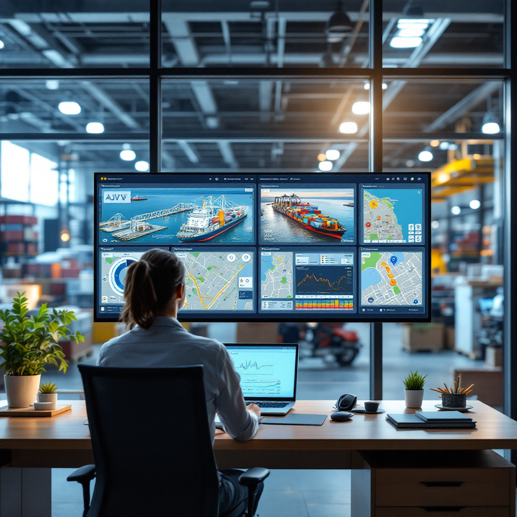 Terminal operations dashboard with AGV and crane telemetry Control room dashboard showing real-time terminal metrics and maps with AGV positions, quay crane statuses, and stacked yard areas under bright office lighting