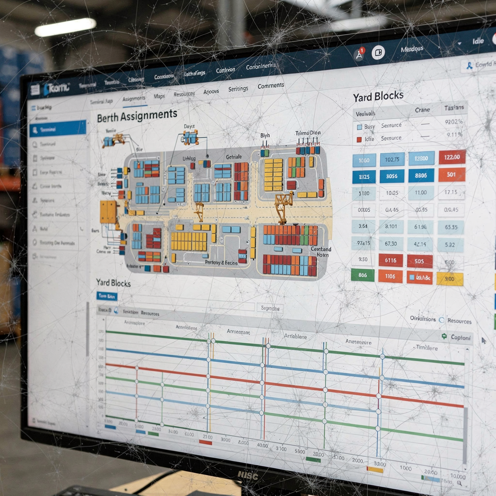 Stylized simulation dashboard showing terminal map, berth assignments, yard blocks, and timelines for vessel arrivals and crane tasks, with clear color coding for busy and idle resources