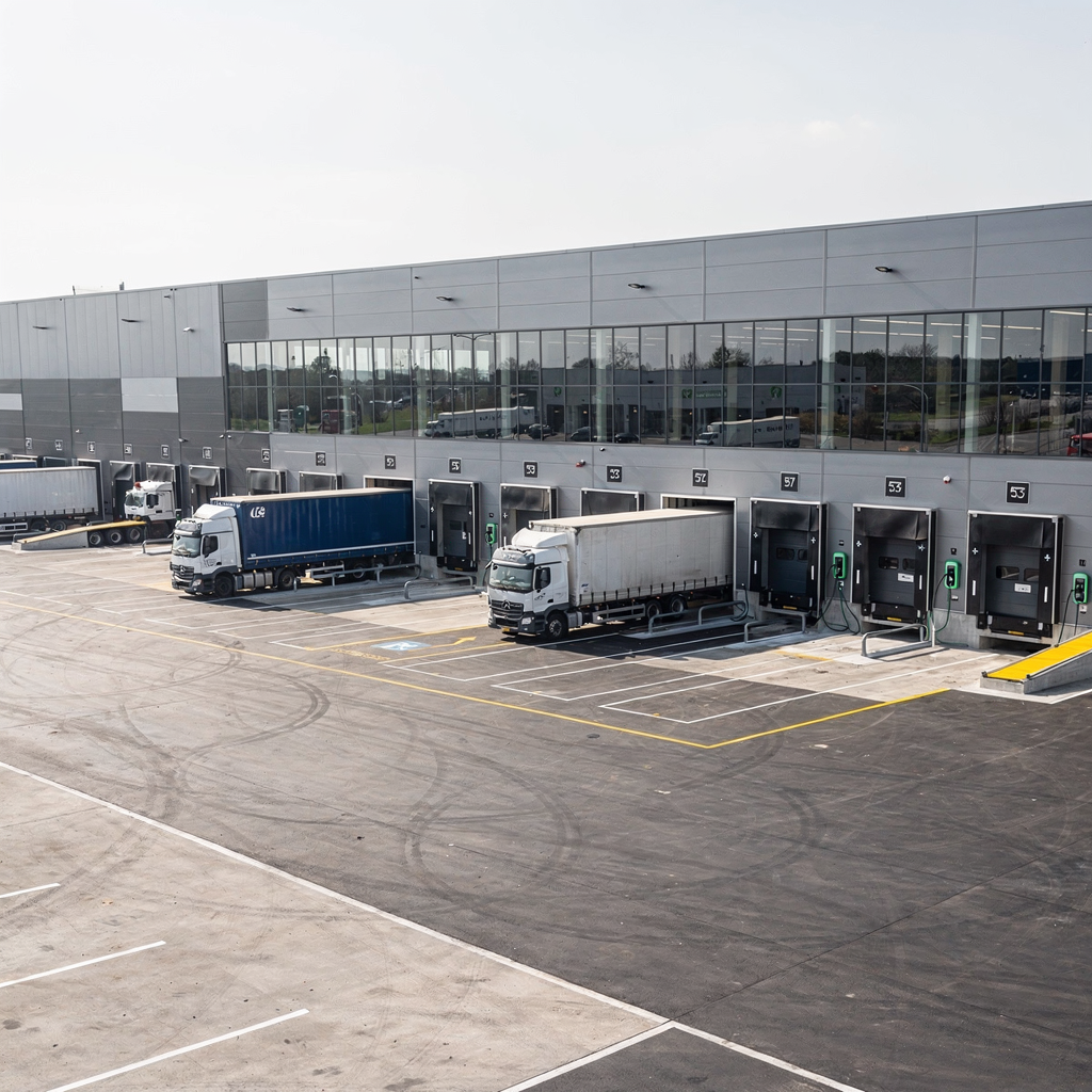 Terminal tractors in distribution yard with charging infrastructure A modern distribution yard with terminal tractors moving trailers to dock doors and a warehouse in the background, organized lanes and automated charging points visible