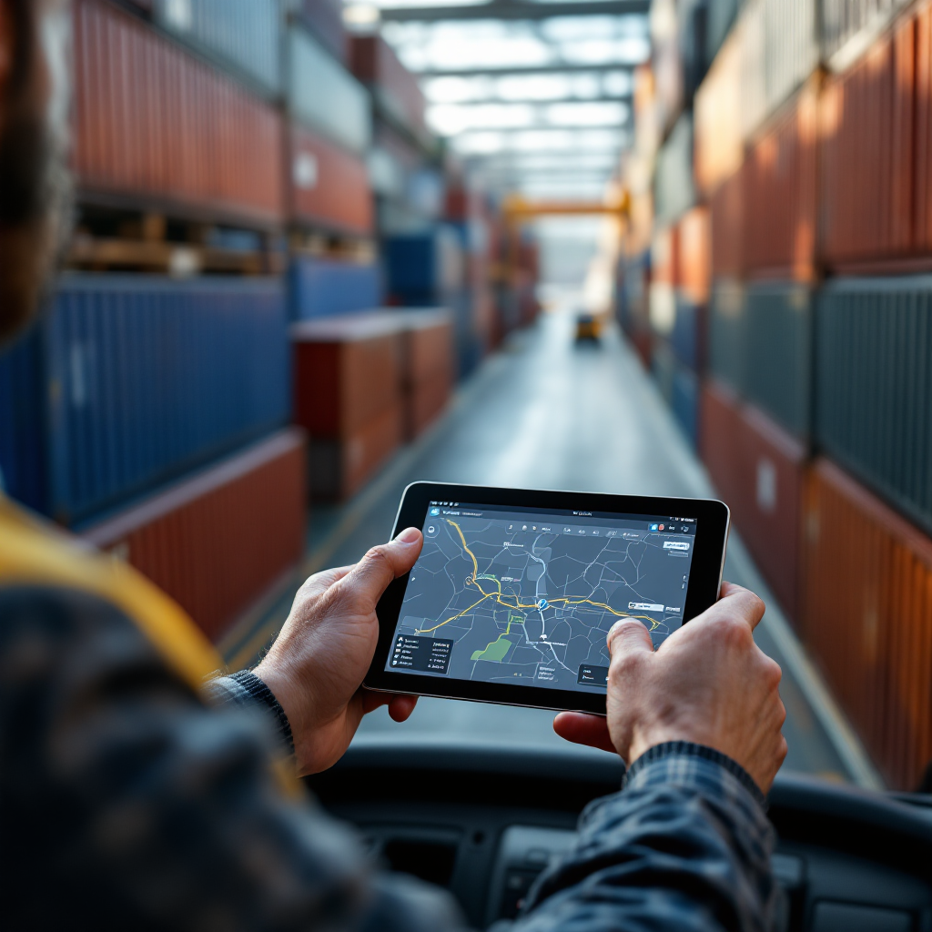 A close-up scene inside a yard showing a terminal vehicle following an optimized route between stacked containers, with a tablet in the driver's hand showing a route map; no text or numbers