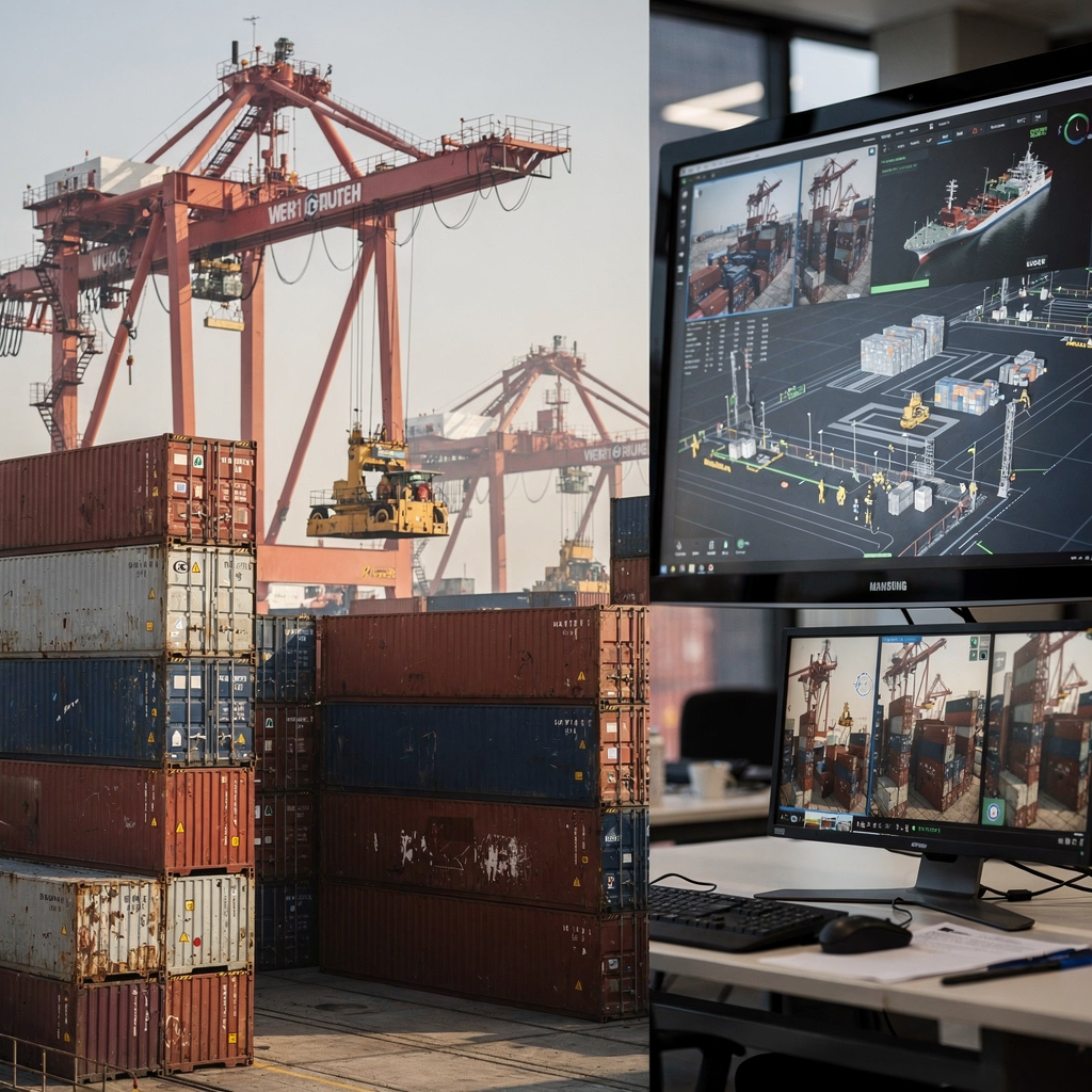 Terminal yard with stacked containers, cranes and simulation control screens Close-up scene of a terminal yard showing stacked containers, automated cranes and a digital twin control room screen in the background displaying simulations, no text