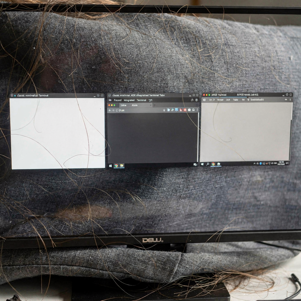 Three different terminal windows on a desktop A modern desktop showing three terminal windows side by side: a classic minimalist terminal, a KDE-integrated terminal with tabs, and a simple XFCE terminal with transparent background and scrollback visible. No text or numbers in image.