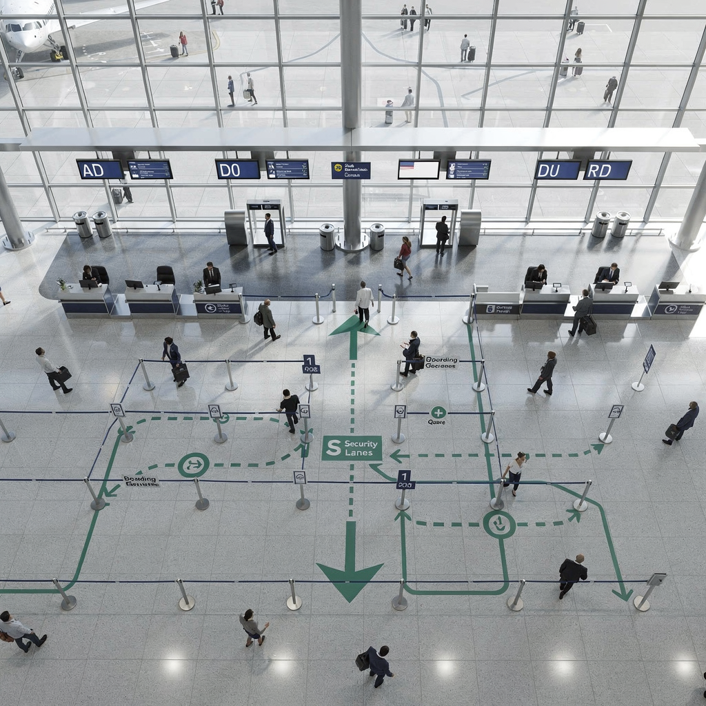Top-down airport check-in and security area visualization A realistic, top-down digital rendering of an airport check-in hall with marked queues, security lanes, and boarding gates, showing people flow paths and service desks, bright natural light, no text or numbers