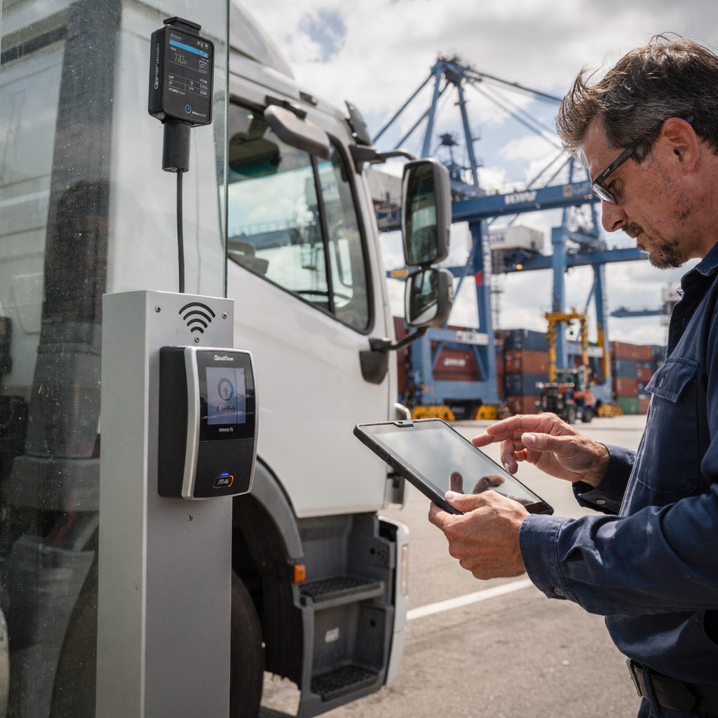Truck at smart gate with RFID reader and driver using tablet Close-up of a truck at a smart gate with an RFID reader, a driver using a tablet, and yard cranes in the background; no text or numbers