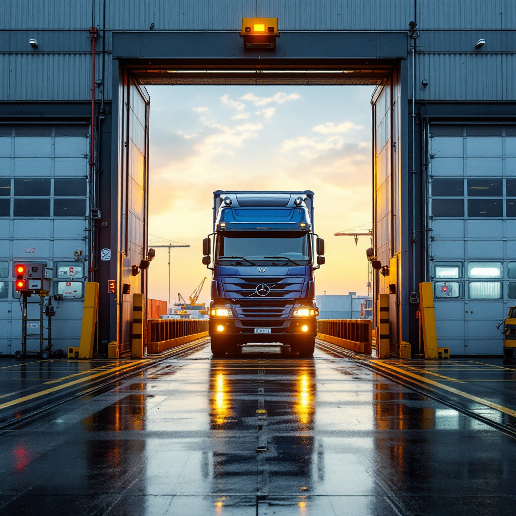 Close-up of a terminal gate showing a truck entering, automated cameras scanning the truck id, and a nearby crane working in the yard, no text