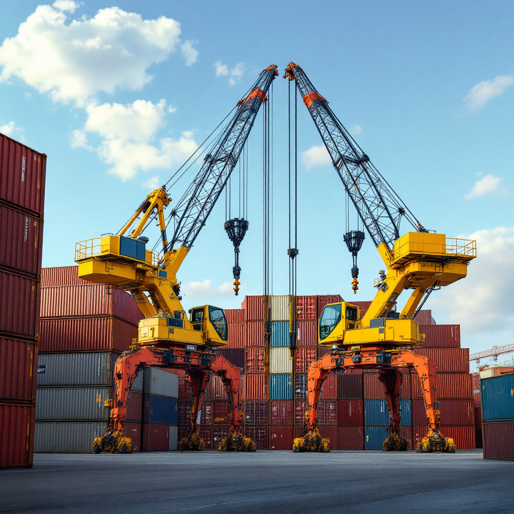 A detailed view of two yard cranes operating side-by-side over stacked containers in a container yard, showing rails, spreaders, and clear separation for safety, no text