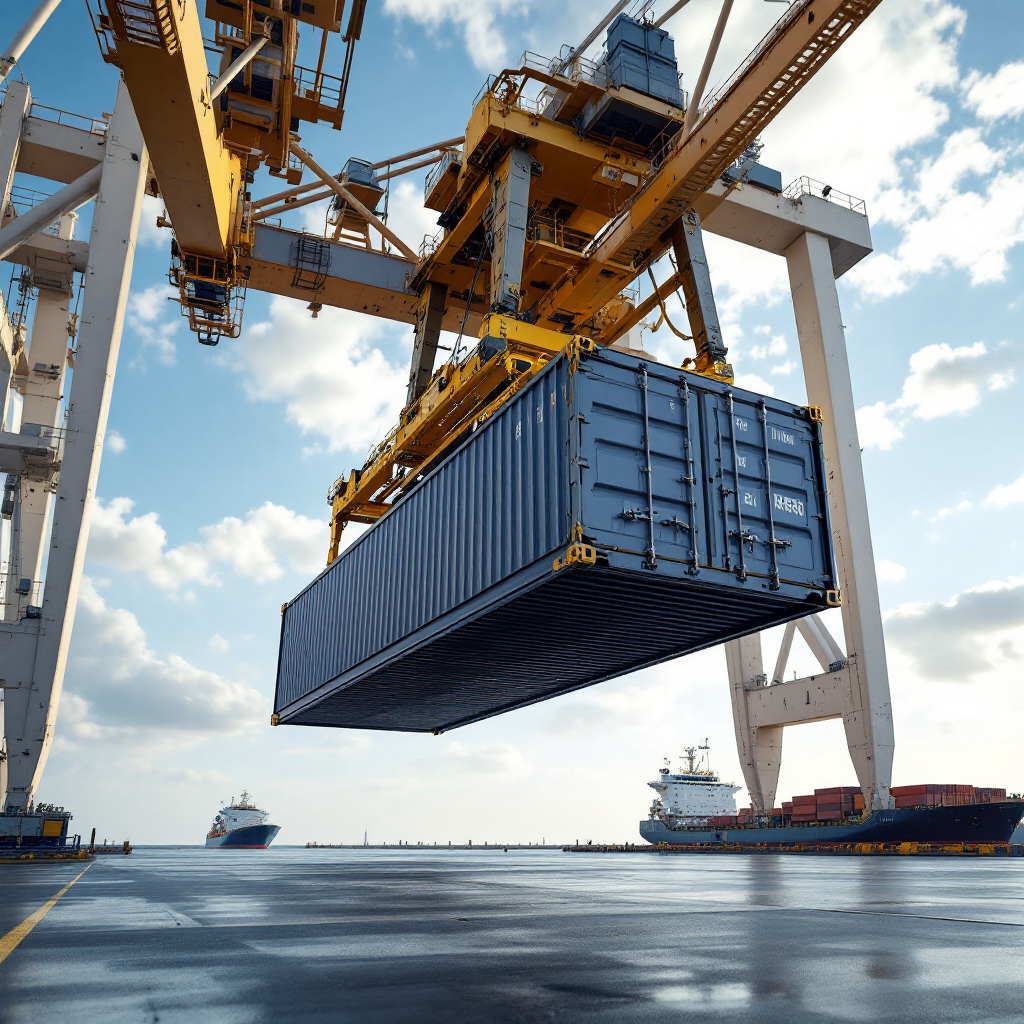 Two quay cranes performing a tandem lift over a vessel Close-up view of a tandem lift in operation showing two quay cranes lifting a large cargo frame above the deck of a container ship with clear skies