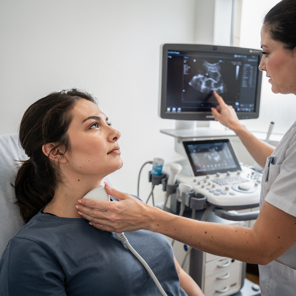 Ultrasound assessment of thoracic outlet Clinical photo styled image showing a patient undergoing ultrasound of the neck and upper chest while clinician points to screen, no text
