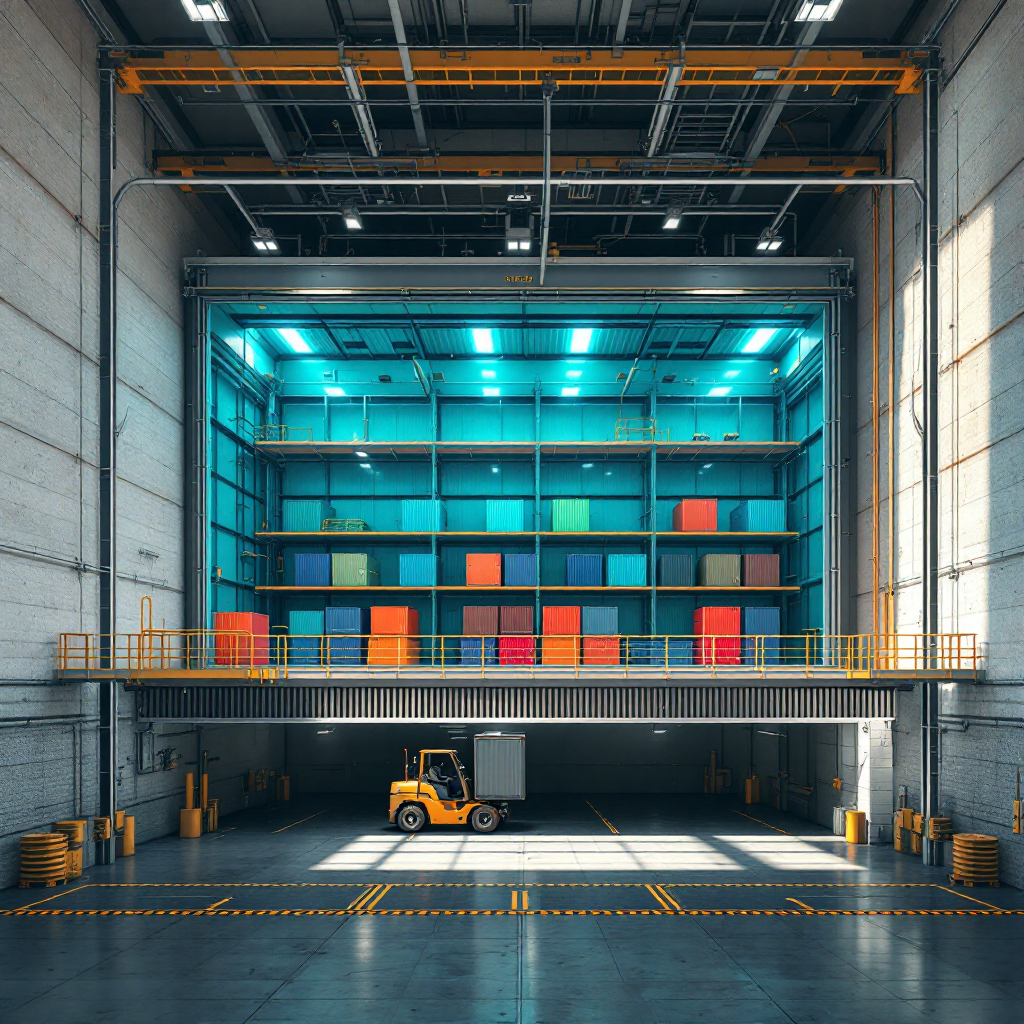 Underground reefer storage vault integrated into a container terminal Cross-section illustration-like photo-realistic view of an underground reefer vault integrated into a port terminal showing container slots, service walkways, and a vehicle handling a container, no text