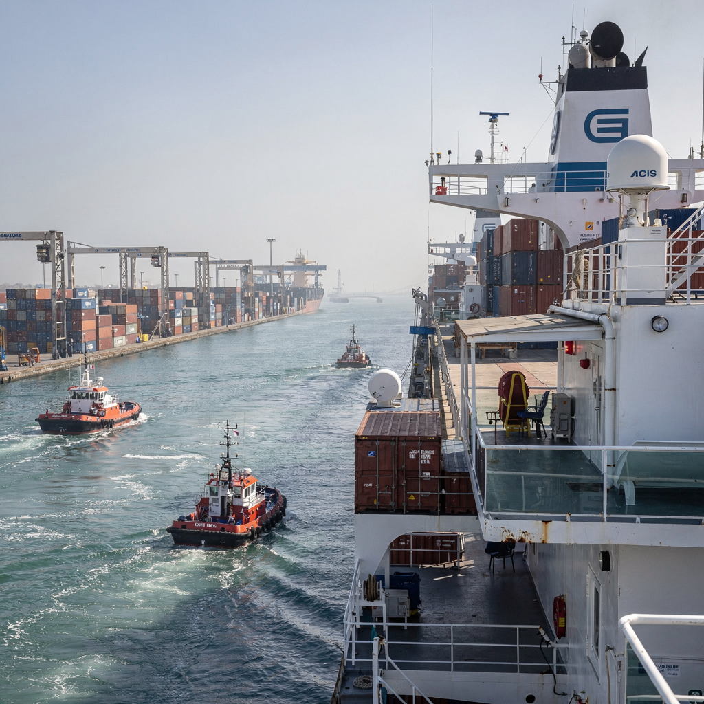 Close-up view of a vessel approaching a busy container port channel with pilot boats nearby, and a visible AIS antenna on the bridge, under clear weather