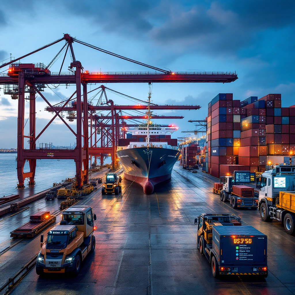 A busy berth showing a vessel alongside quay cranes, automated yard vehicles moving containers, and electronic screens with scheduling overlays