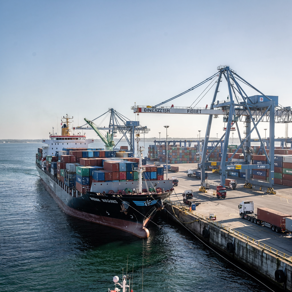 Several vessels berthed along a quay with cranes working, a nearby yard with container stacks and trucks queued; clear sky, no text or logos.