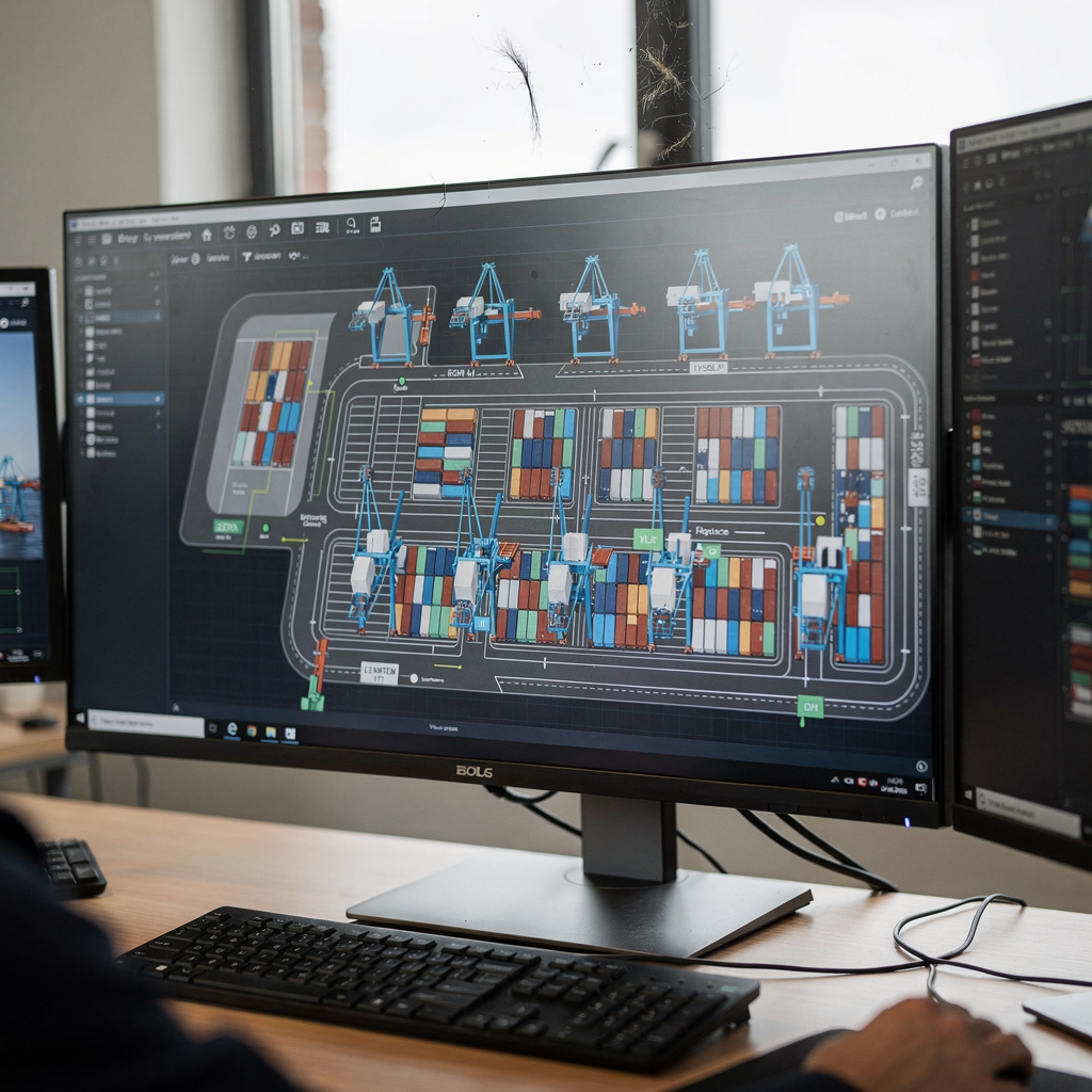 A modern container terminal digital visualization showing quay cranes, container stacks, trucks and a control room perspective, no text or numbers