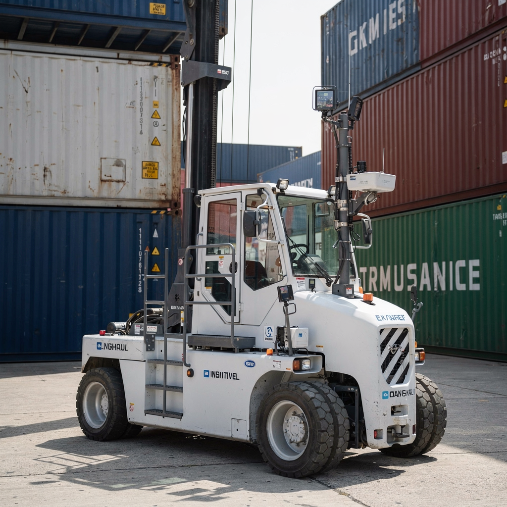 Yard crane and carrier coordinating moves with sensors Close-up view of a yard crane and an autonomous carrier moving containers between stacks with sensors and telemetry devices visible on equipment, clear and modern port technology scene
