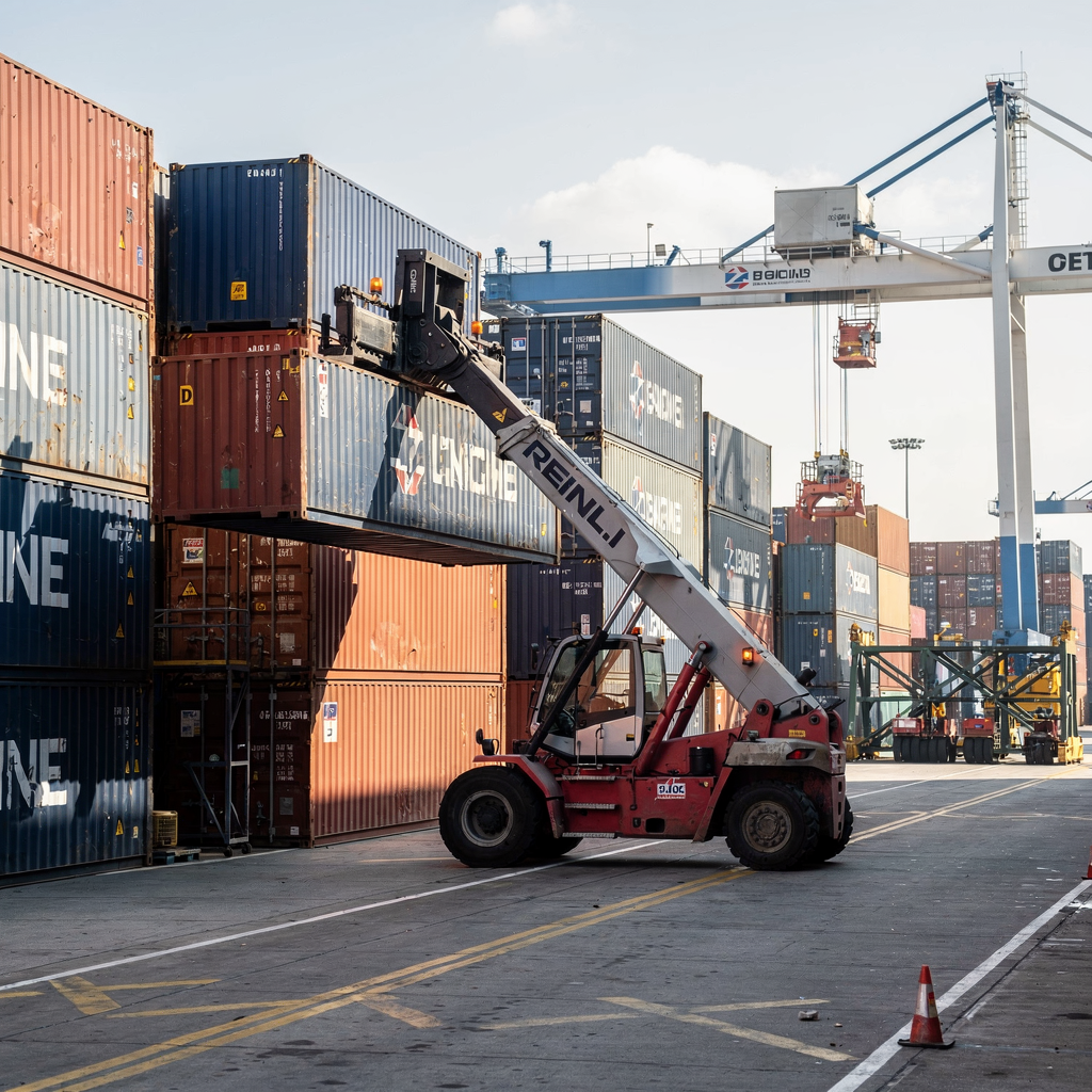 A close-up viewpoint of a busy container terminal showing stacks of containers, a reach stacker lifting a container, a yard crane operating in the background, and a clear view of lane markings. No text or numbers in image.