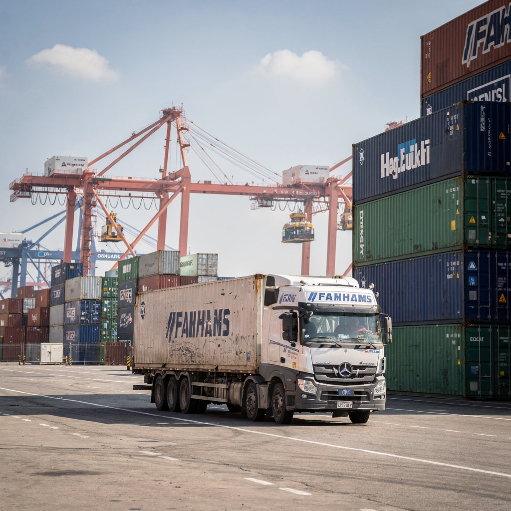 Close-up of yard cranes and container stacks with a truck being loaded at a pickup lane, bright daylight, no text or numbers