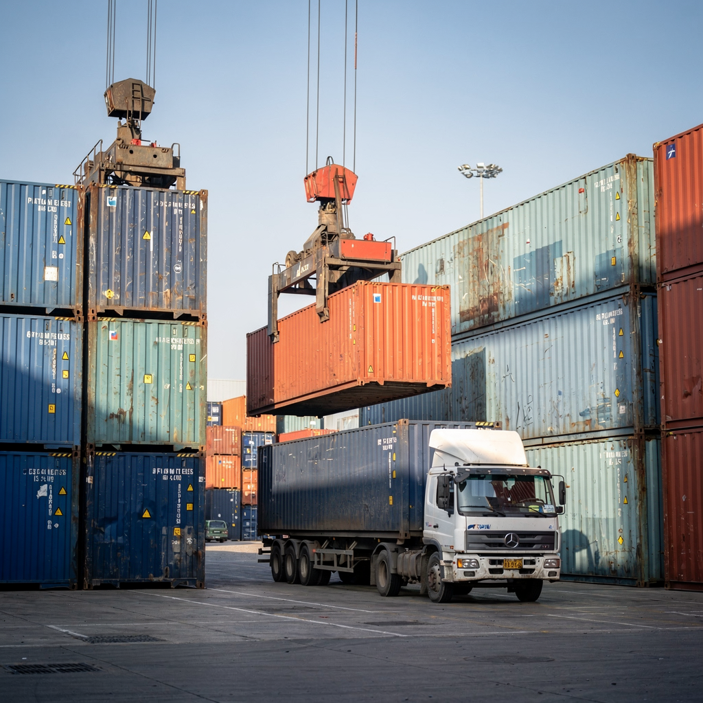 Close-up view of a yard with stacked containers, yard crane in motion, and an internal truck carrying a container between stacks, clear sky, no text
