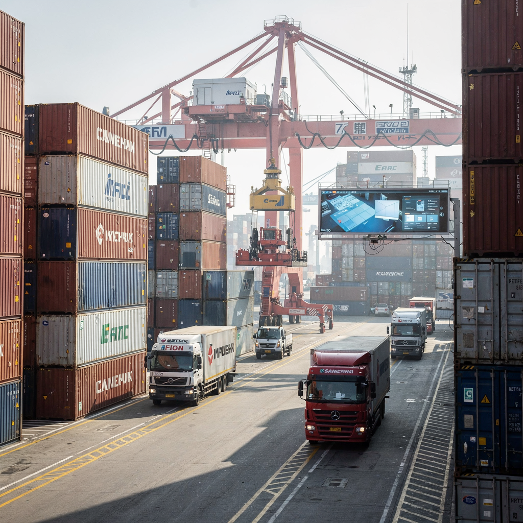 Yard crane operating amid container stacks and trucks Interior yard scene of container stacks with an RTG crane in operation, trucks moving along marked lanes, and a control room display visible in the distance