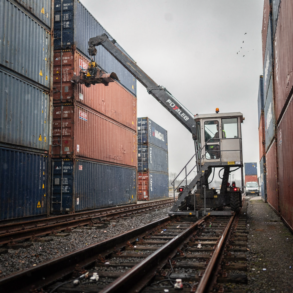 Yard crane operating between container stacks Close-up of a yard crane operating between stacked containers in a structured yard block, showing the crane rails, container stacks, and a nearby terminal operator cabin under overcast sky