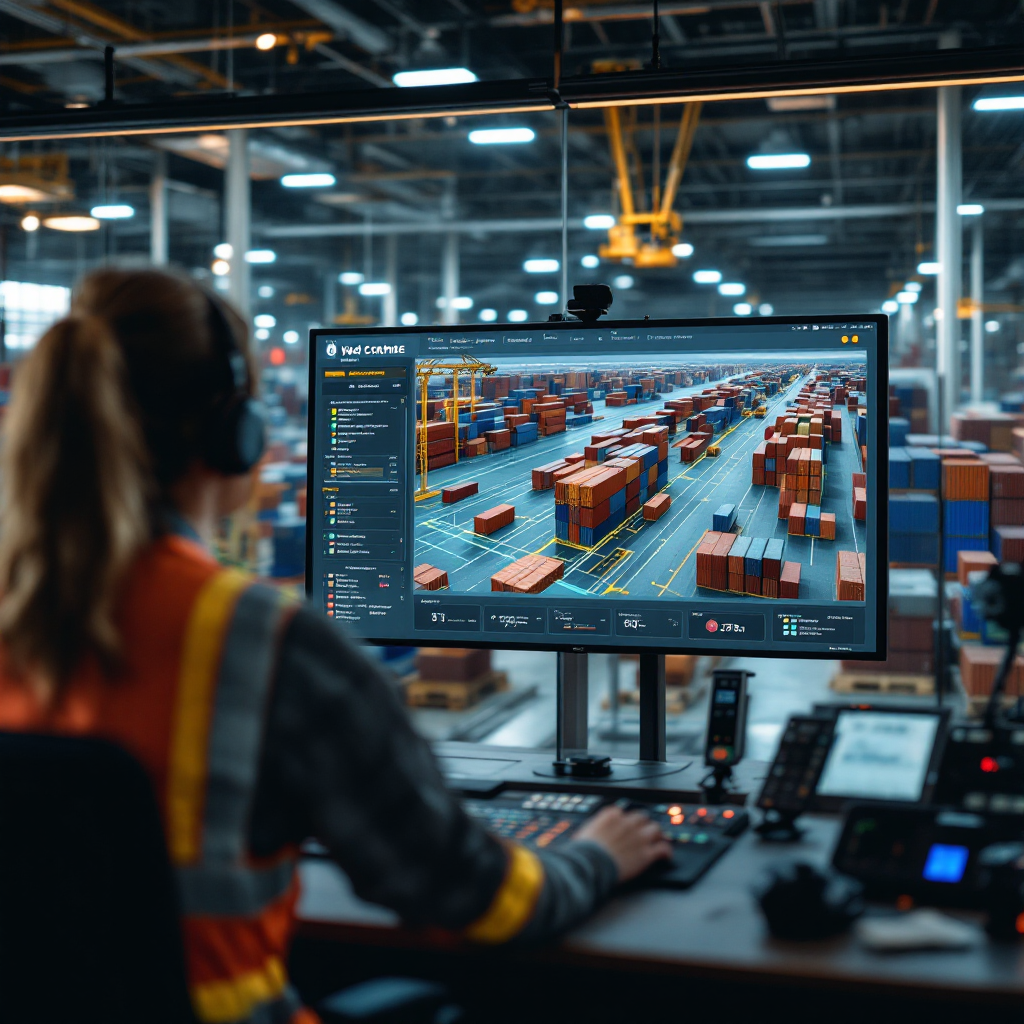 A control room display showing a yard crane scheduling interface, with schematic container stacks and highlighted crane paths, modern UI, no text or numbers