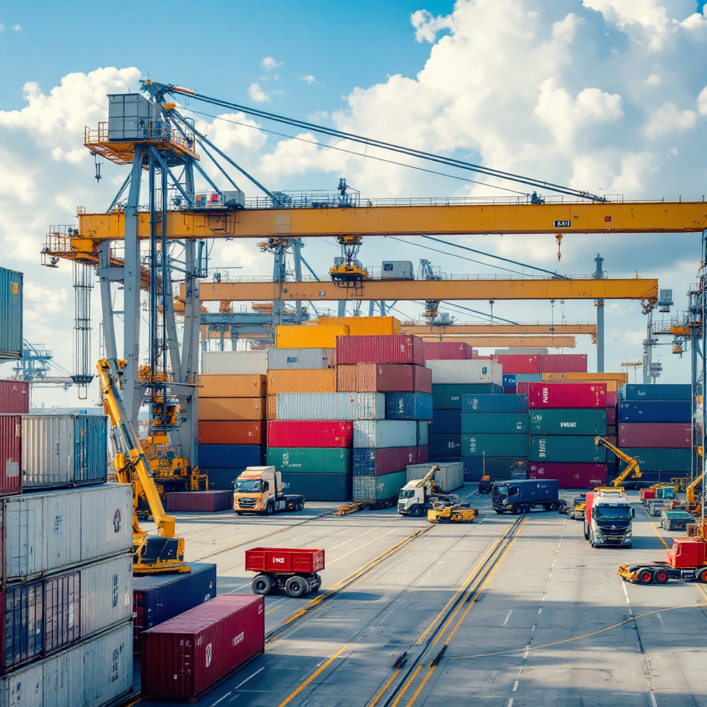 Close-up view of a yard crane carefully stacking containers with AGVs and trucks moving below, showing organized stacks and clear lane markings