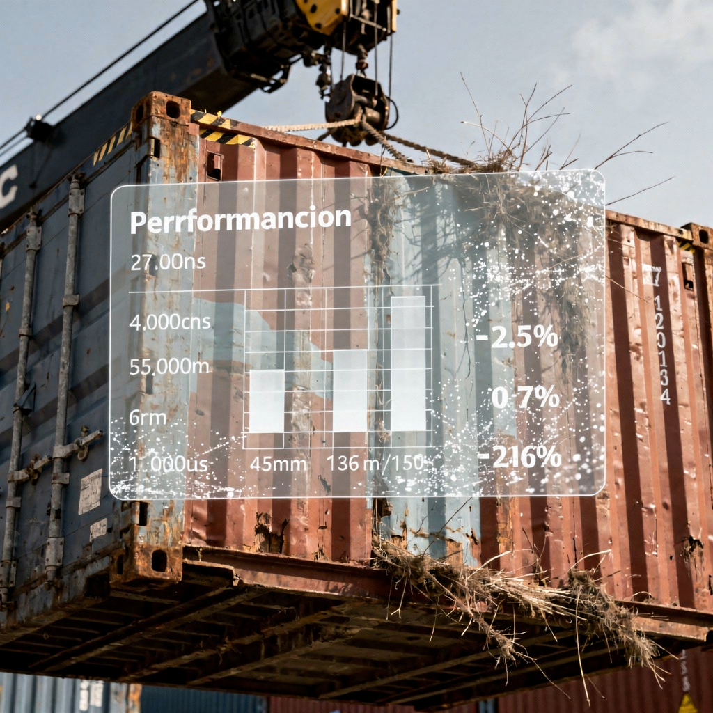 Yard crane with performance overlay A close-up view of a yard crane lifting a container with a translucent overlay showing performance metrics and predicted maintenance intervals (no text or numbers)