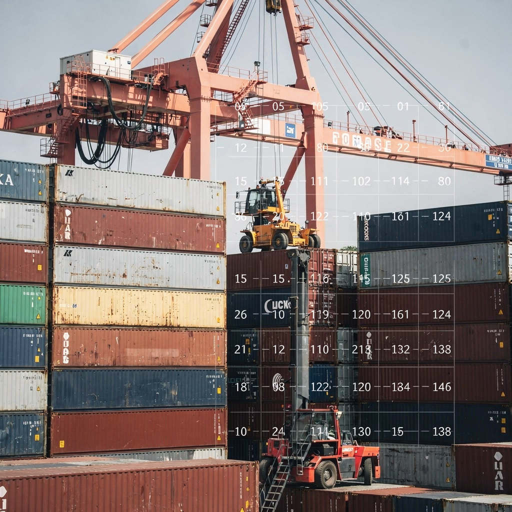 Yard cranes coordinating container moves Close-up of synchronized yard cranes working over stacked containers with a clear view of a coordinated schedule overlay, no text or numbers