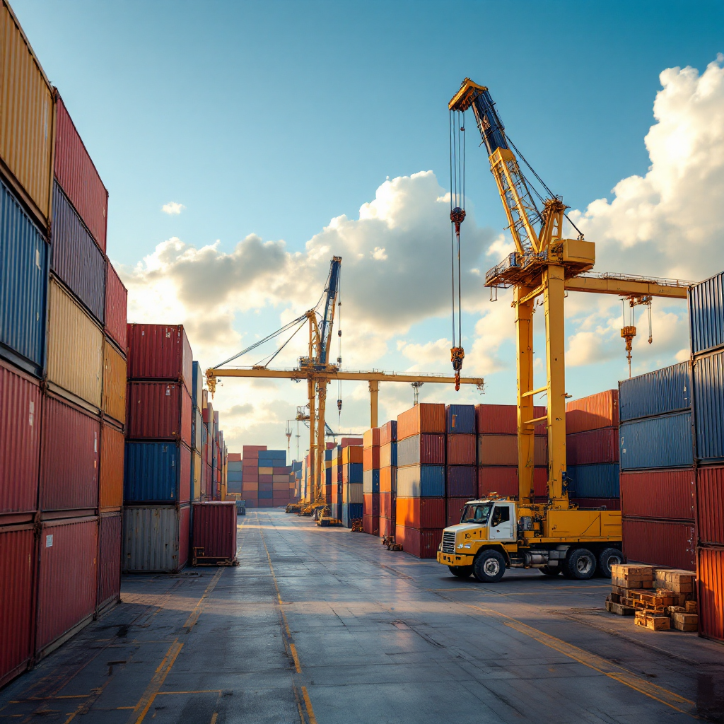 Close-up of yard cranes moving stacked containers in a storage yard with visible aisles and organized stacks, in soft daylight