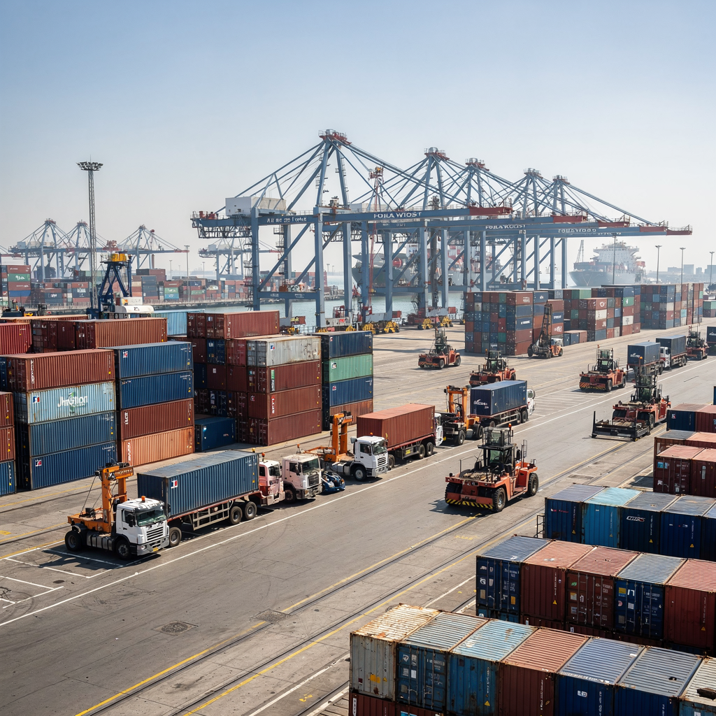 Yard trucks and cranes moving containers A busy container terminal yard showing yard trucks, straddle carriers, and quay cranes moving containers between vessel and storage blocks under clear sky, wide angle view